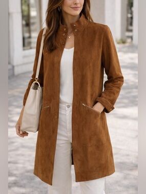 Vintage Harve Benard Faux Suede Coat Women Warm Camel Brown Minimalist Jacket 4